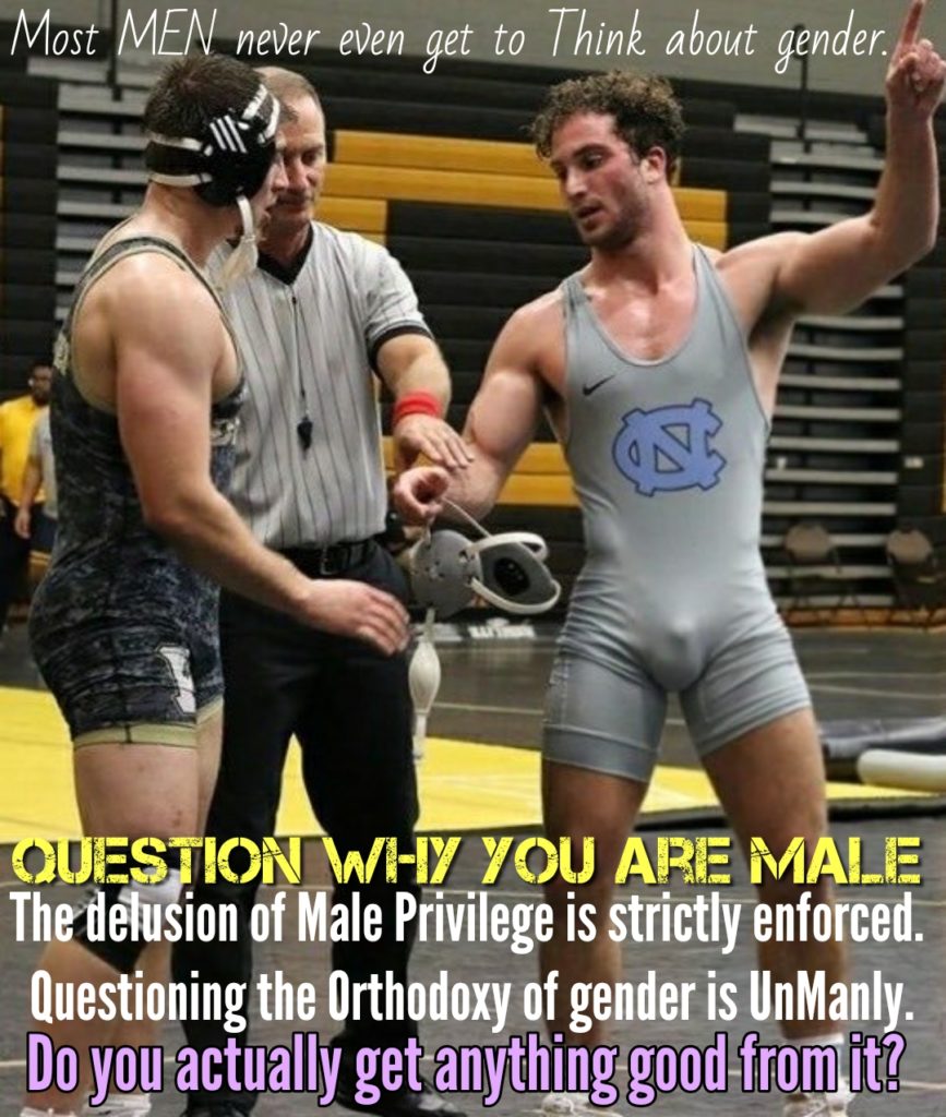 Most MEN never even get to Think about gender.
P
QUESTION WHY YOU ARE MALE The delusion of Male Privilege is strictly enforced.
Questioning the Orthodoxy of gender is UnManly. Do you actually get anything good from it?
