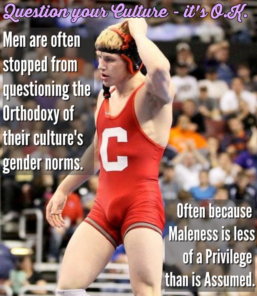 Question your Culture - it's OK.
Men are often stopped from questioning the Orthodoxy of their culture's gender norms.
C
Often because Maleness is less of a Privilege than is Assumed.