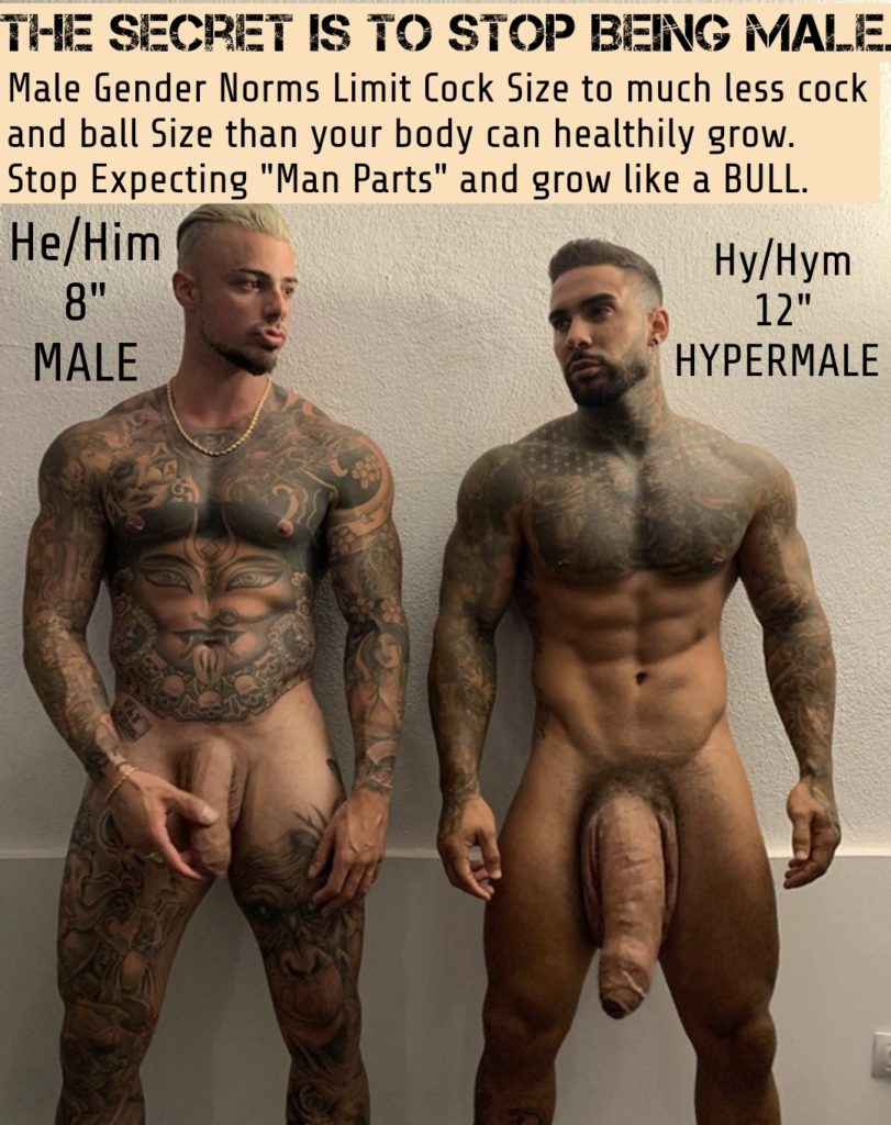 THE SECRET IS TO STOP BEING MALE.
Male Gender Norms Limit Cock Size to much less cock and ball Size than your body can healthily grow. Stop Expecting "Man Parts" and grow like a BULL.
He/Him 8" MALE
Hy/Hym 12" HYPERMALE