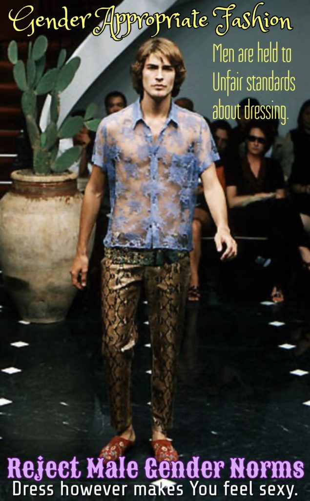Gender Appropriate Fashion
Men are held to Unfair standards about dressing.
Reject Male Gender Norms Dress however makes You feel sexy.