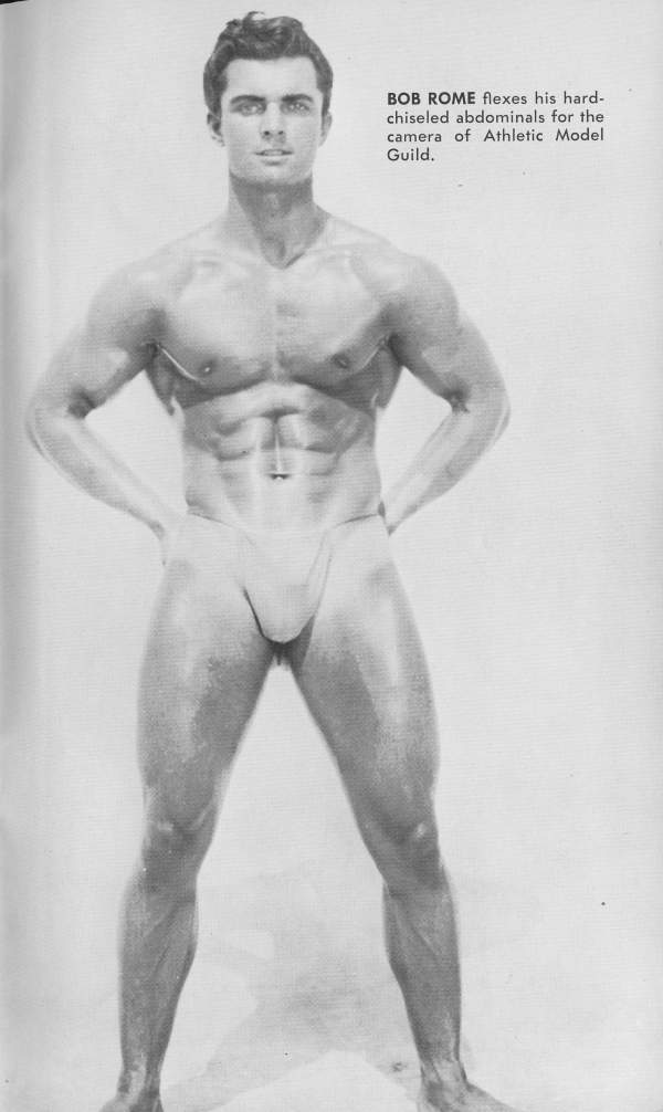 BOB ROME flexes his hard- chiseled abdominals for the camera of Athletic Model Guild.