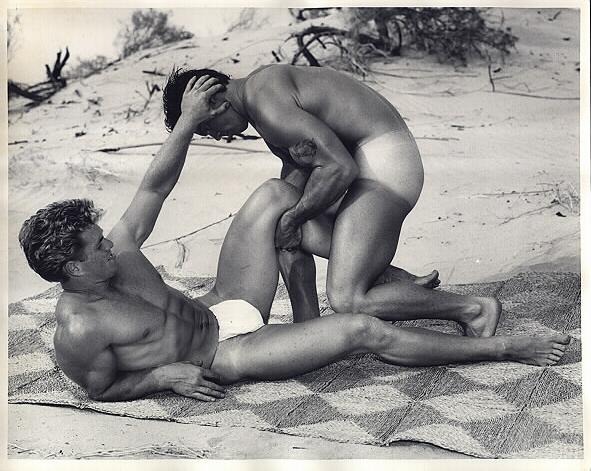 Joe Sanceri and Bud Counts photographed wrestling in the desert by Bruce of LA in the mid 1950s.