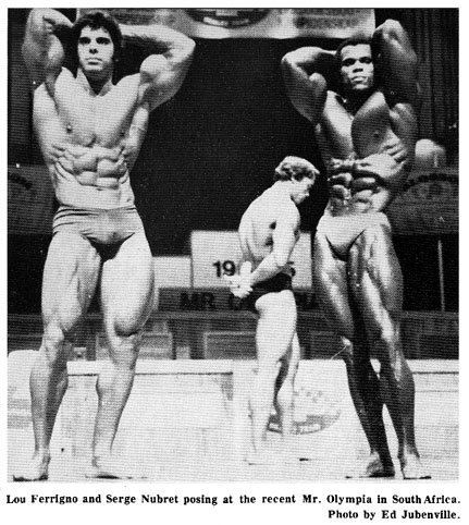 19
Lou Ferrigno and Serge Nubret posing at the recent Mr. Olympia in South Africa. Photo by Ed Jubenville.