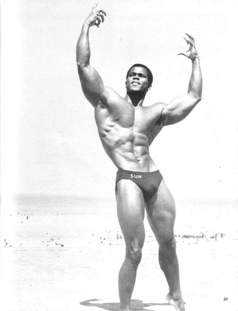 1980s Bodybuilder and actor Serge Nubret poses in black and white
