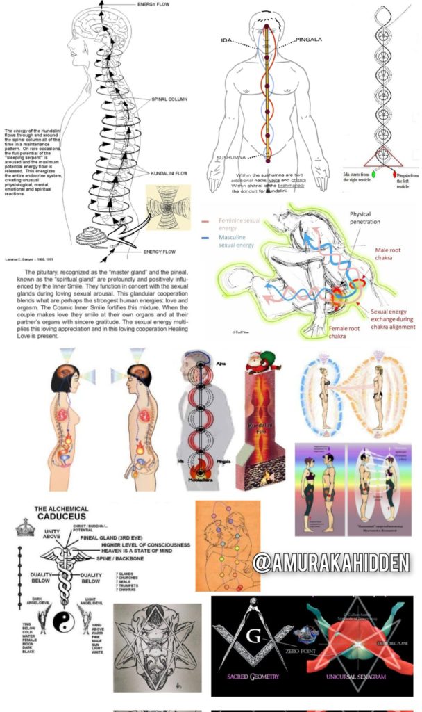 ENERGY FLOW
PINGALA
LIN FLOS
ENERGY FLOW
A
Mastane sexualenergy
Physical penetration
Male root RTA
The pituitary, recognized as the master gland and the pineal known as the spiritual gland are profoundly and positively ifo enced ty the Inner Smile. They function in concert with the sexual glands during loving sexual arousal. This glandular cooperation blends what are perhaps the strongest human energies: love and orgasm. The Cosmic Inner Smile fortfies midare When the couple makes love they smile at their their a own organs and at their partner's organs with sincere gratitude. The sexual energy mul plies this loving appreciation and in this loving cooperation Healing Love is present
Female root chakra
Sexual energe exchange during chakra alignment
THE ALCHEMICAL CADUCEUS
ABOVE
PINEAL GLAND (IRD EYE)
DUALITY BELOW
-DUALITY BELOW
HIGHER LEVEL OF CONSCIOUSNESS HEAVEN IS A STATE OF MIND SPINE BACKBONE
@AMURAKAHIDDEN
G
ZERO POINT
SACRED GEOMETRY
UNICURSAL SEXAGRAM