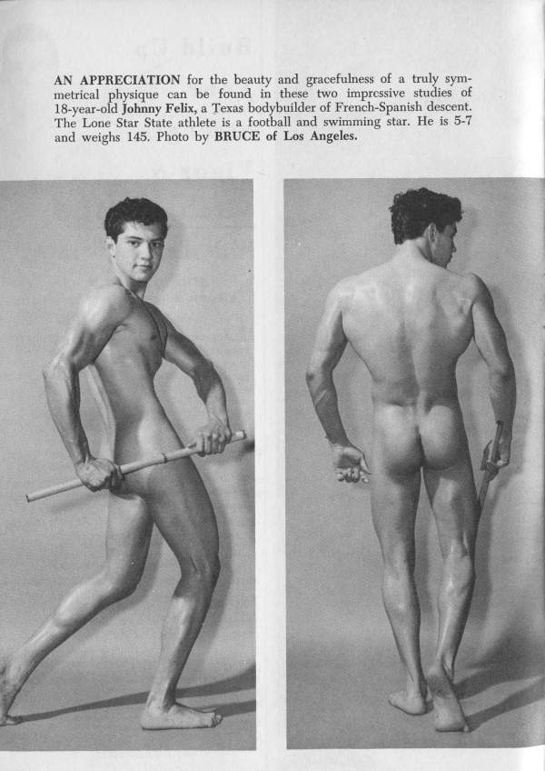 AN APPRECIATION for the beauty and gracefulness of a truly sym- metrical physique can be found in these two impressive studies of 18-year-old Johnny Felix, a Texas bodybuilder of French-Spanish descent. The Lone Star State athlete is a football and swimming star. He is 5-7 and weighs 145. Photo by BRUCE of Los Angeles.