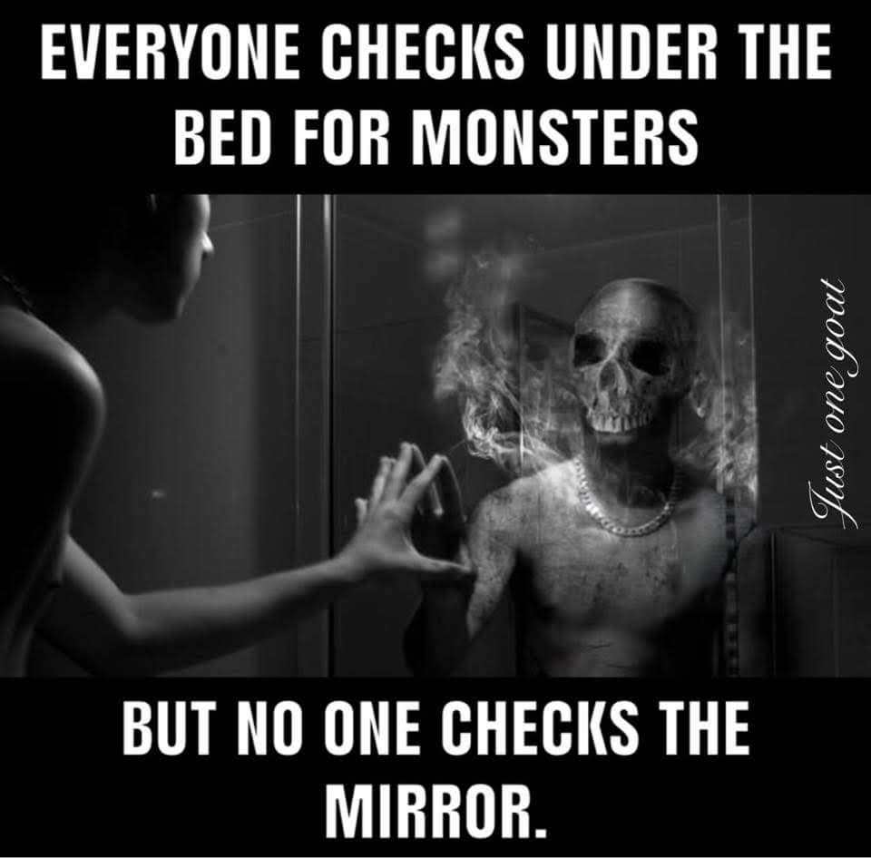 EVERYONE CHECKS UNDER THE BED FOR MONSTERS BUT NO ONE CHECKS THE MIRROR. -- Just One Goat.